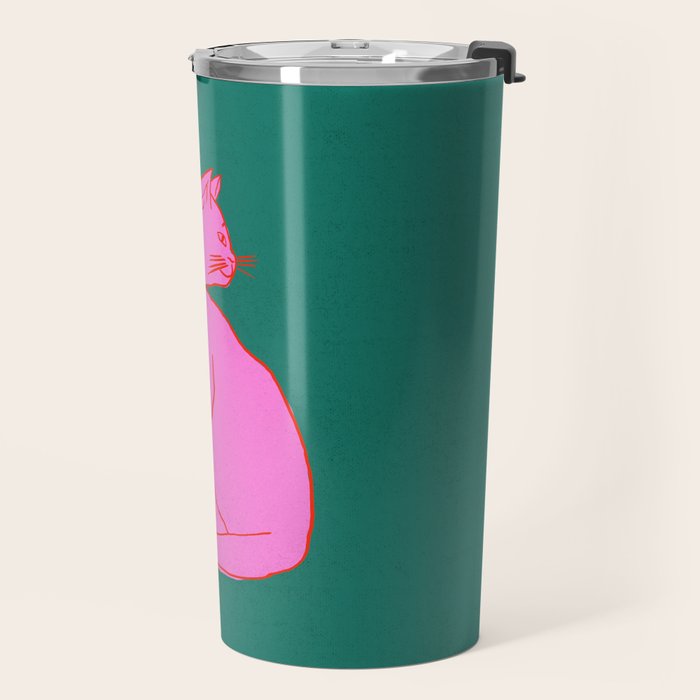 Pink Cat On Green Background Travel Mug Gallery Image 2