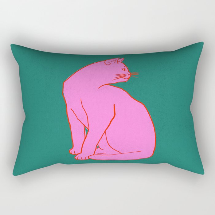 Pink Cat On Green Background Rectangular Pillow Gallery Image 1