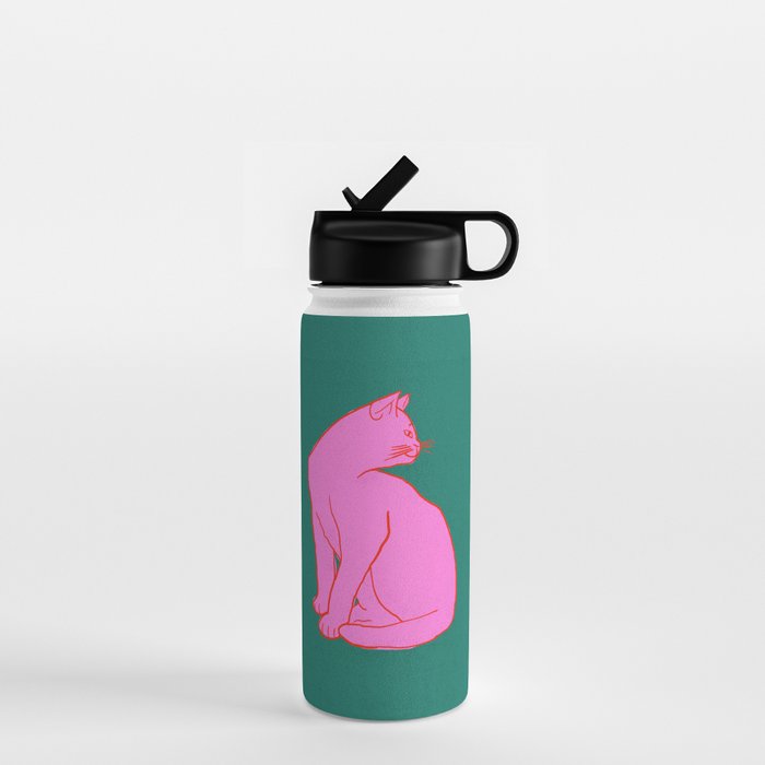 Pink Cat On Green Background Water Bottle Gallery Image 1