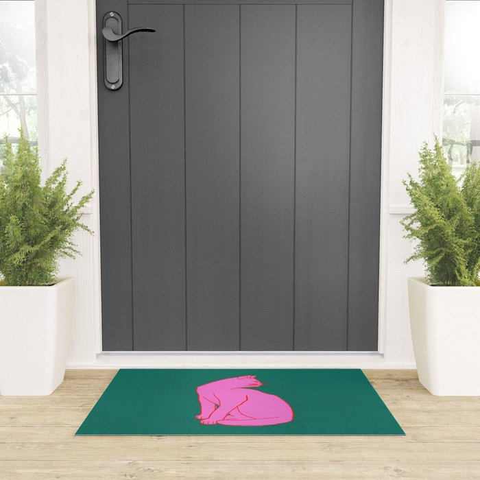 Pink Cat On Green Background Welcome Mat Gallery Image 3
