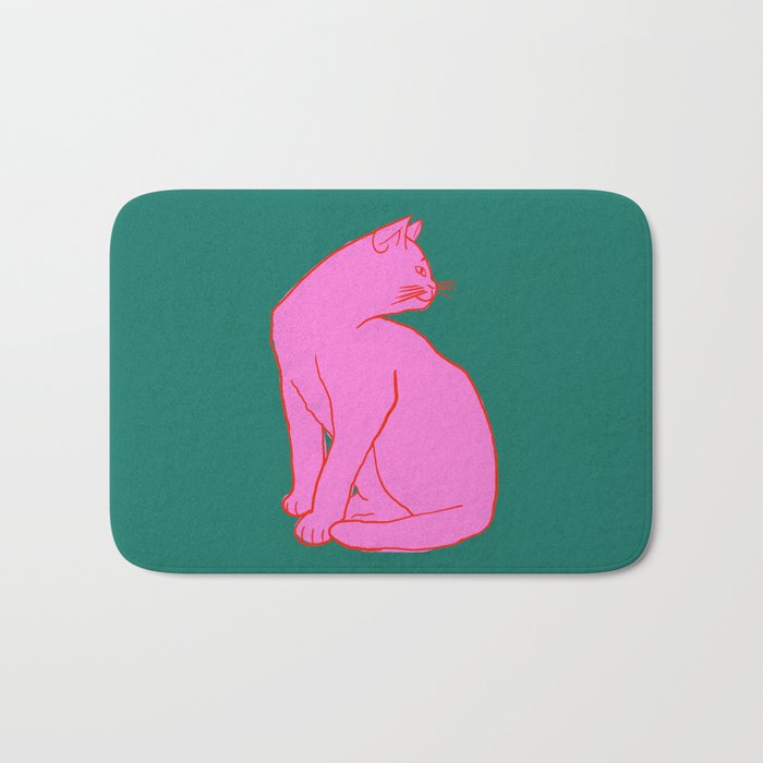 Pink Cat On Green Background Bath Mat Gallery Image 1