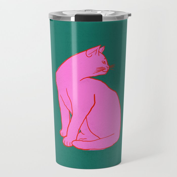 Pink Cat On Green Background Travel Mug Gallery Image 1