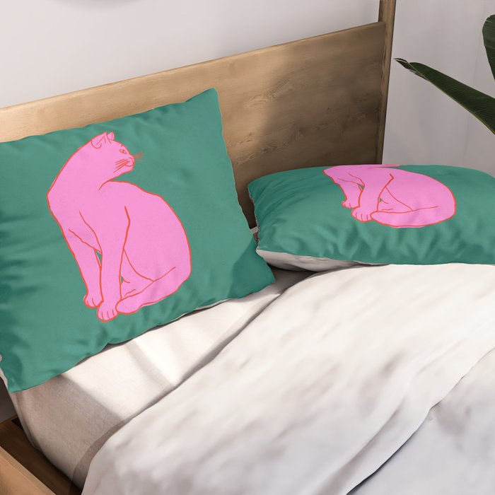 Pink Cat On Green Background Pillow Sham Gallery Image 2
