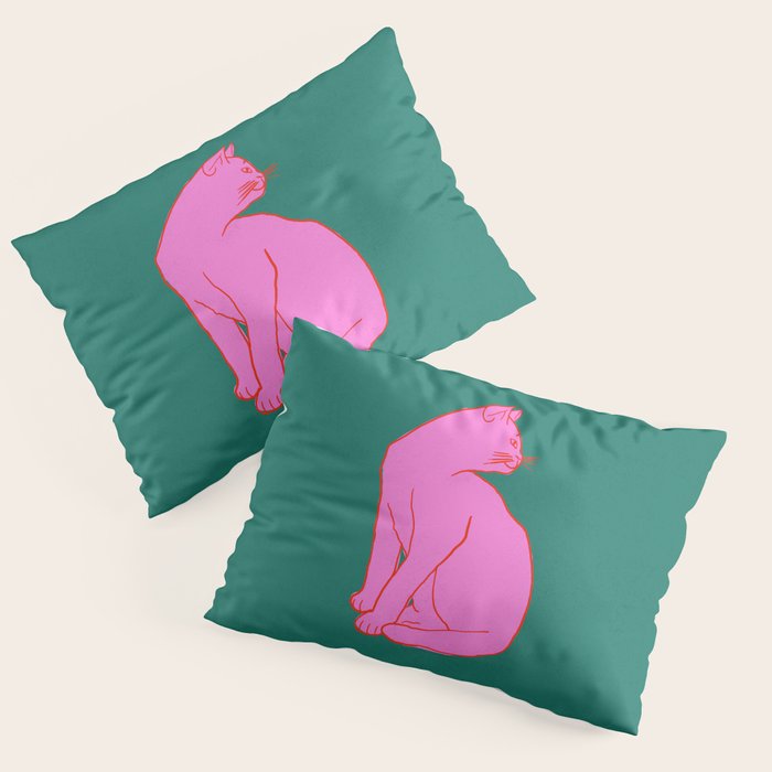 Pink Cat On Green Background Pillow Sham Gallery Image 1