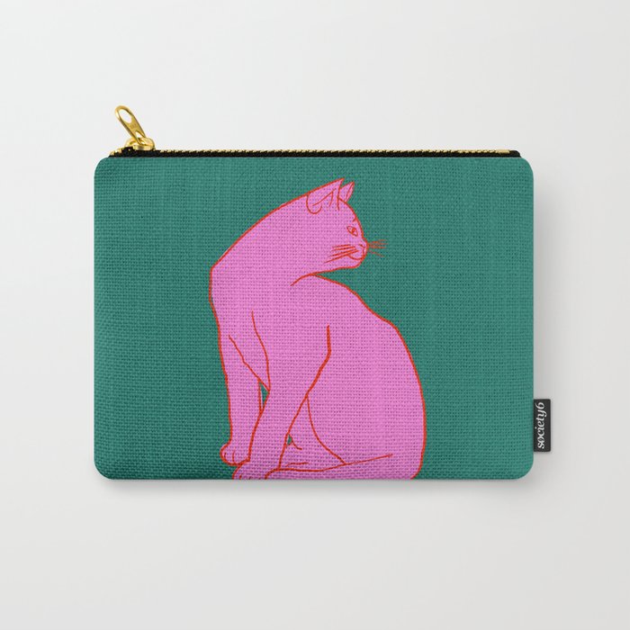 Pink Cat On Green Background Carry All Pouch Gallery Image 1