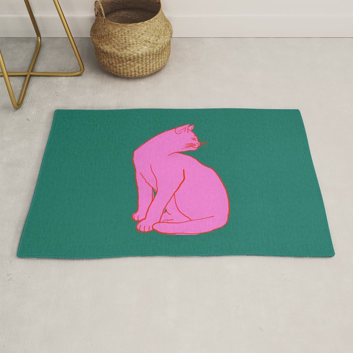 Pink Cat On Green Background Rug Gallery Image 1