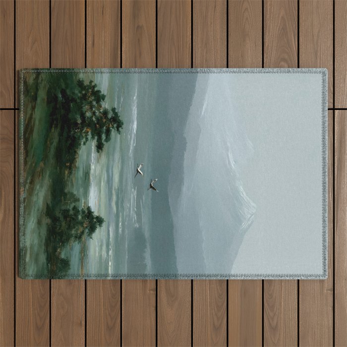 Japanese Wall Art Minimalist Bird Print Mountain Japandi Art Green Wabi Sabi Painting forest poster Outdoor Rug Gallery Image 1