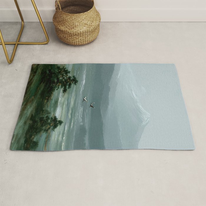 Japanese Wall Art Minimalist Bird Print Mountain Japandi Art Green Wabi Sabi Painting forest poster Rug Gallery Image 1