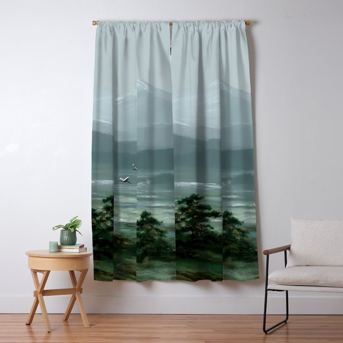 Japanese Wall Art Minimalist Bird Print Mountain Japandi Art Green Wabi Sabi Painting forest poster Window Curtain Gallery Image 5