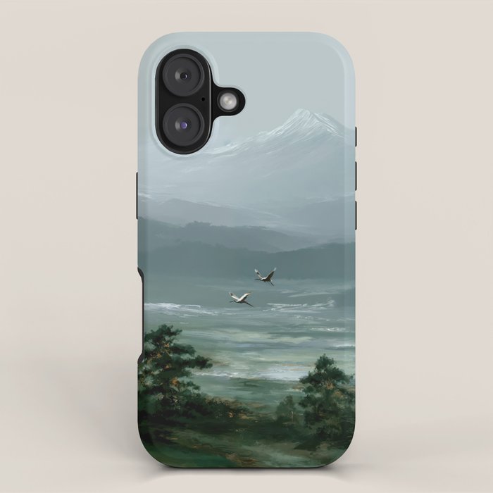 Japanese Wall Art Minimalist Bird Print Mountain Japandi Art Green Wabi Sabi Painting forest poster iPhone Case Gallery Image 1