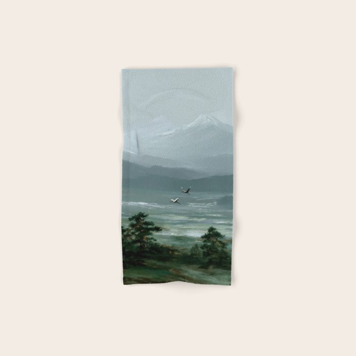 Japanese Wall Art Minimalist Bird Print Mountain Japandi Art Green Wabi Sabi Painting forest poster Bath Towel Gallery Image 1
