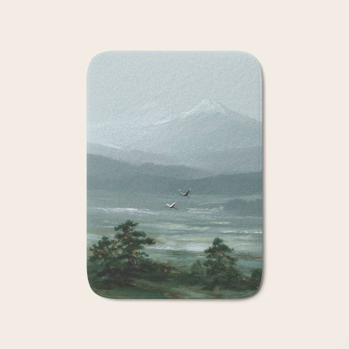 Japanese Wall Art Minimalist Bird Print Mountain Japandi Art Green Wabi Sabi Painting forest poster Bath Mat Gallery Image 1