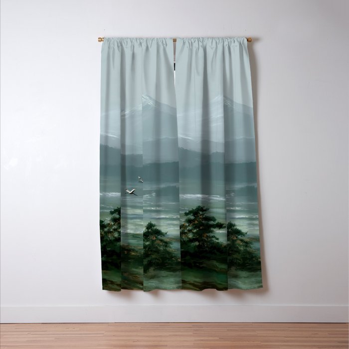 Japanese Wall Art Minimalist Bird Print Mountain Japandi Art Green Wabi Sabi Painting forest poster Window Curtain Gallery Image 3