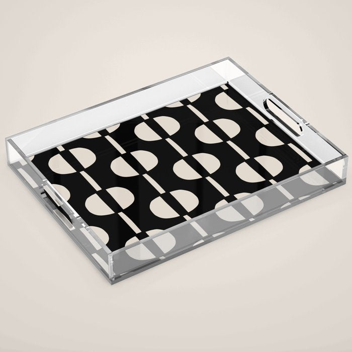 Mid Century Modern Geometric Pattern 157 Black and Linen White Acrylic Tray Gallery Image 1