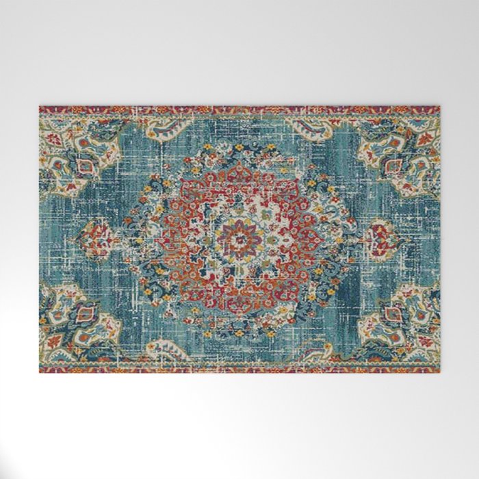 Antique oriental blue and orange carpet Welcome Mat Gallery Image 1