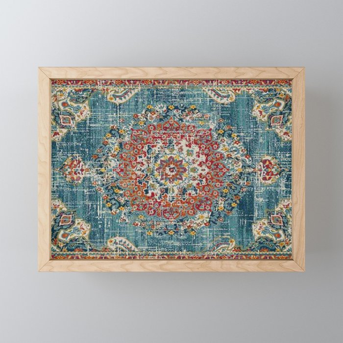 Antique oriental blue and orange carpet Mini Art Print Gallery Image 1