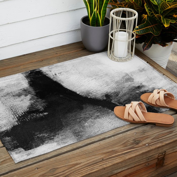 Black and White Textured Abstract Painting "Delve 2" Outdoor Rug Gallery Image 2