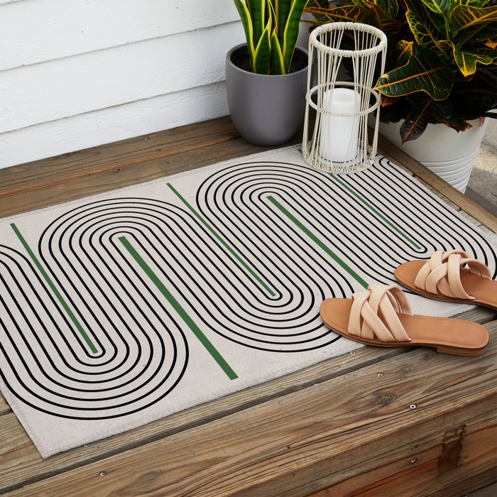 Green Beige Black Lines Outdoor Rug Gallery Image 2