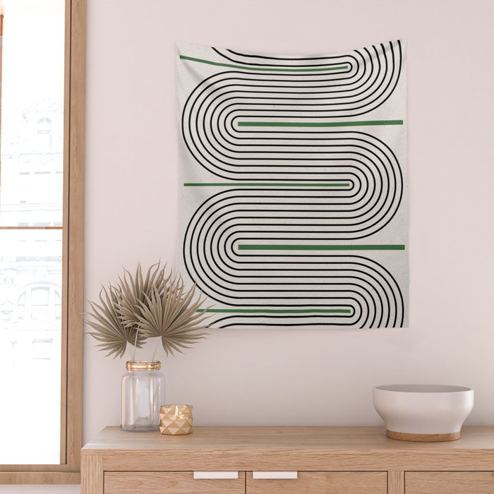 Green Beige Black Lines Wall Tapestry Gallery Image 2