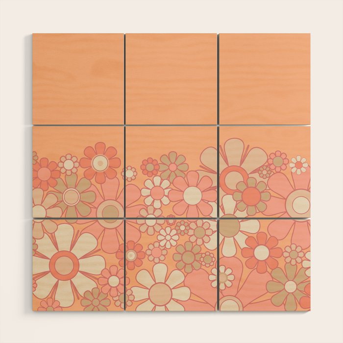 Retro Garden Flower Cuff 60s 70s Pastel Peach Pink Floral Pattern Wood Wall Art Gallery Image 1