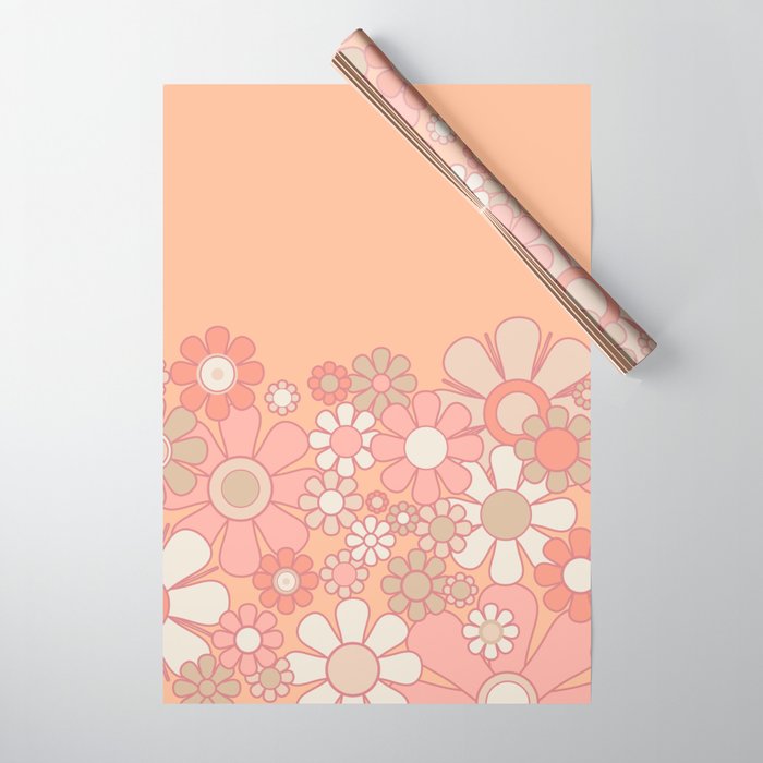 Retro Garden Flower Cuff 60s 70s Pastel Peach Pink Floral Pattern Wrapping Paper Gallery Image 1