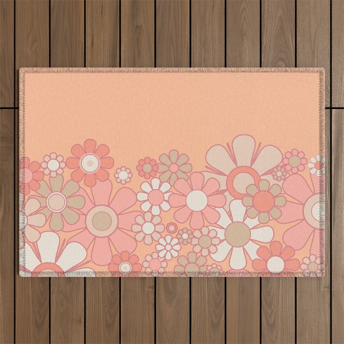 Retro Garden Flower Cuff 60s 70s Pastel Peach Pink Floral Pattern Outdoor Rug Gallery Image 1