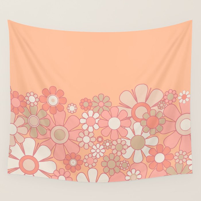 Retro Garden Flower Cuff 60s 70s Pastel Peach Pink Floral Pattern Wall Tapestry Gallery Image 1