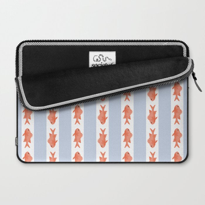 Coastal Fish Stripes Nostalgic Pattern in Light Blue, Orange Red, and White Laptop Sleeve Gallery Image 2