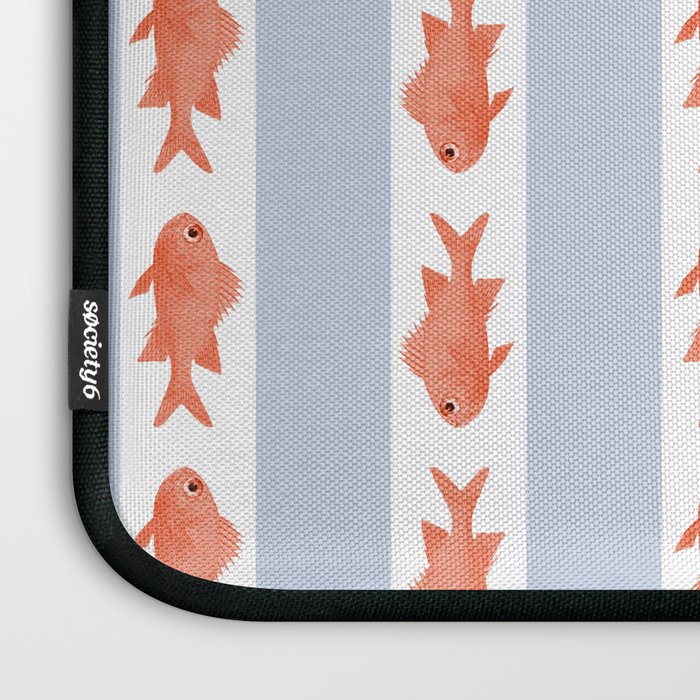 Coastal Fish Stripes Nostalgic Pattern in Light Blue, Orange Red, and White Laptop Sleeve Gallery Image 3