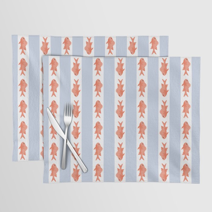 Coastal Fish Stripes Nostalgic Pattern in Light Blue, Orange Red, and White Placemat Gallery Image 1