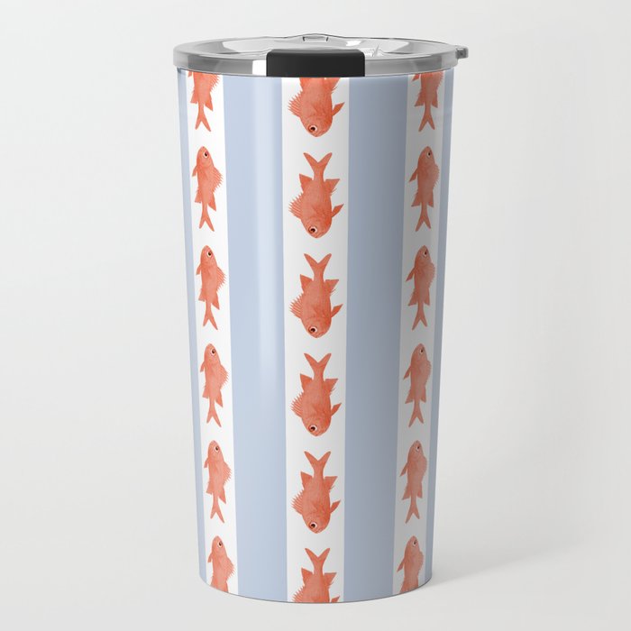 Coastal Fish Stripes Nostalgic Pattern in Light Blue, Orange Red, and White Travel Mug Gallery Image 1