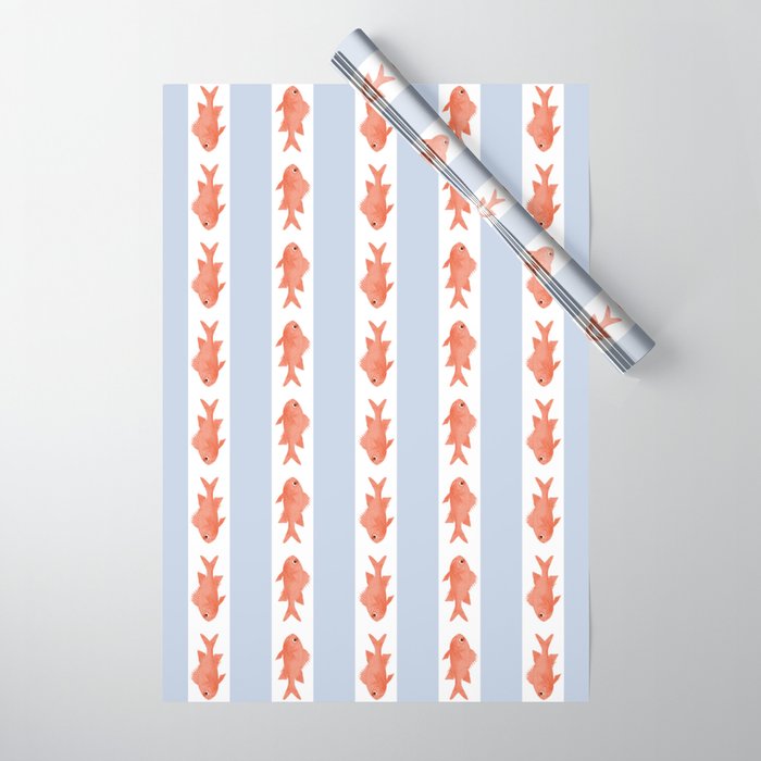 Coastal Fish Stripes Nostalgic Pattern in Light Blue, Orange Red, and White Wrapping Paper Gallery Image 1