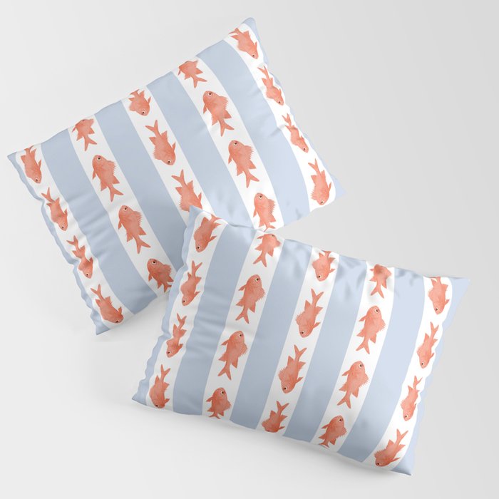 Coastal Fish Stripes Nostalgic Pattern in Light Blue, Orange Red, and White Pillow Sham Gallery Image 3