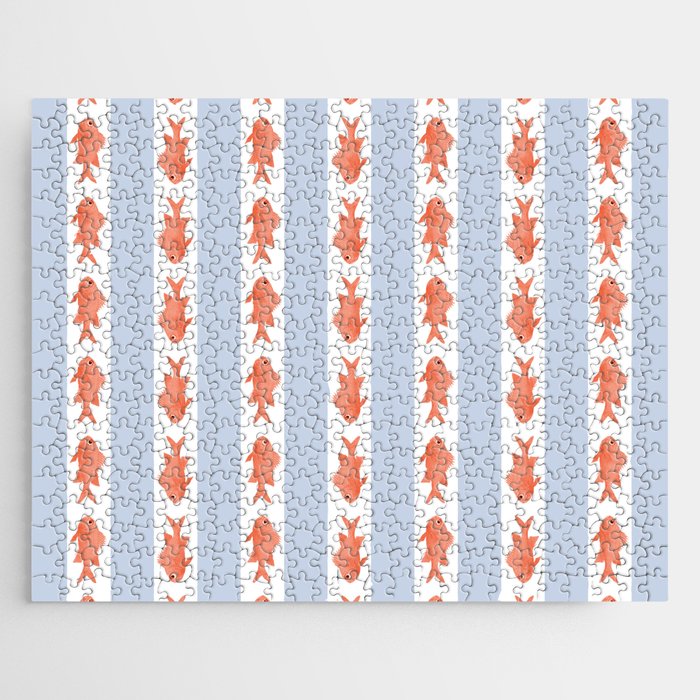 Coastal Fish Stripes Nostalgic Pattern in Light Blue, Orange Red, and White Jigsaw Puzzle Gallery Image 1