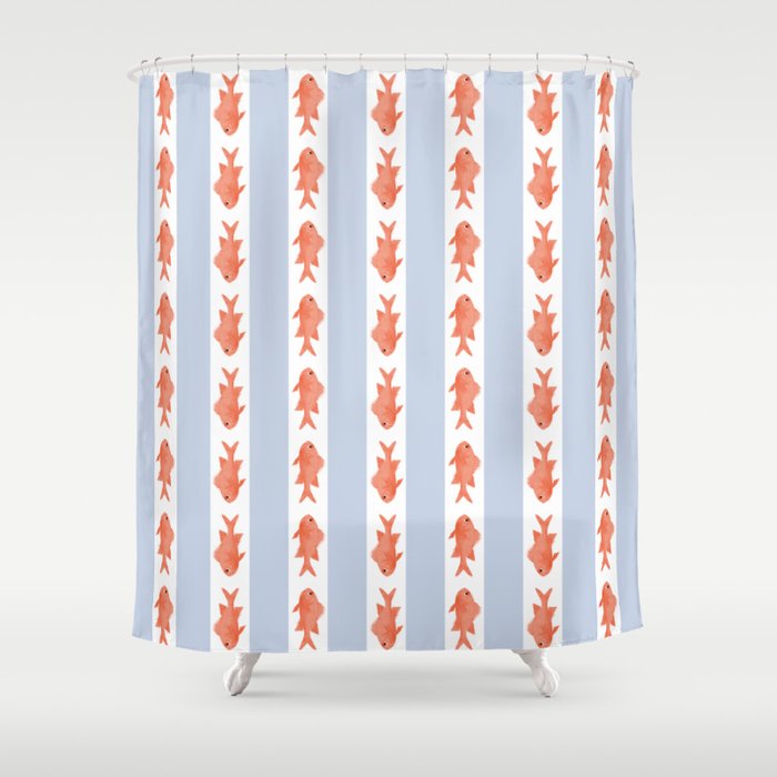 Coastal Fish Stripes Nostalgic Pattern in Light Blue, Orange Red, and White Shower Curtain Gallery Image 1