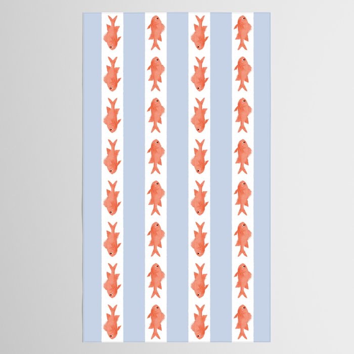 Coastal Fish Stripes Nostalgic Pattern in Light Blue, Orange Red, and White Tablecloth Gallery Image 2