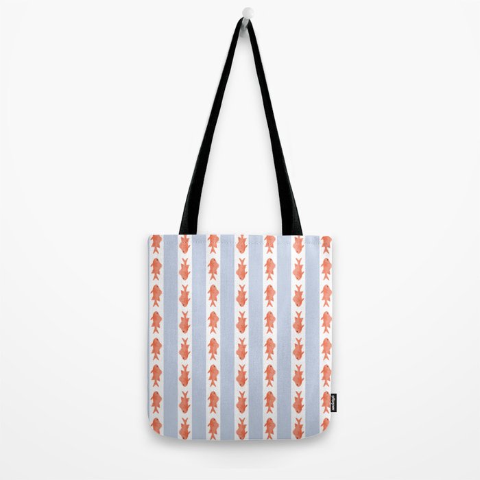 Coastal Fish Stripes Nostalgic Pattern in Light Blue, Orange Red, and White Tote Bag Gallery Image 2