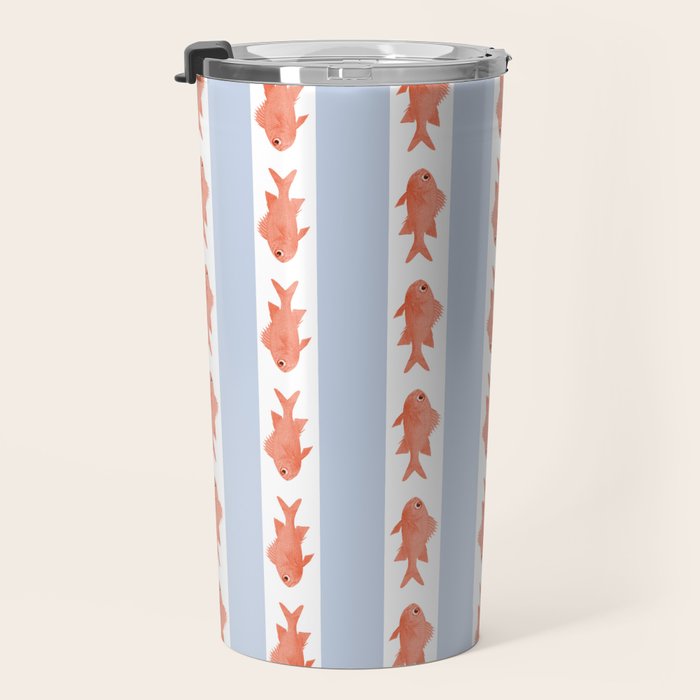 Coastal Fish Stripes Nostalgic Pattern in Light Blue, Orange Red, and White Travel Mug Gallery Image 3