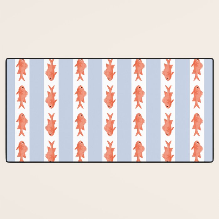 Coastal Fish Stripes Nostalgic Pattern in Light Blue, Orange Red, and White Desk Mat Gallery Image 3