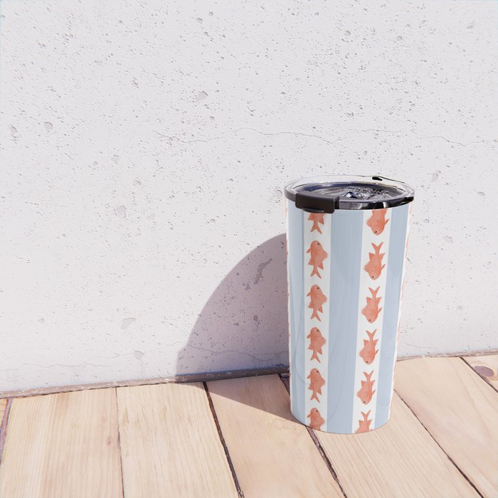 Coastal Fish Stripes Nostalgic Pattern in Light Blue, Orange Red, and White Travel Mug Gallery Image 4