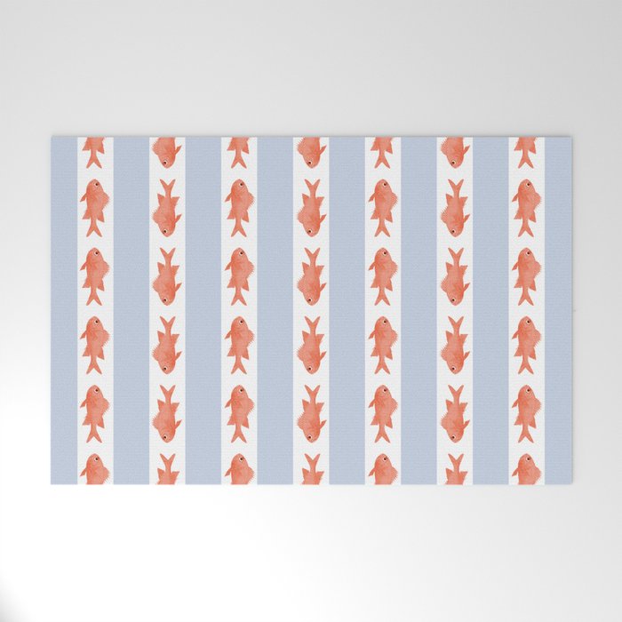 Coastal Fish Stripes Nostalgic Pattern in Light Blue, Orange Red, and White Welcome Mat Gallery Image 1