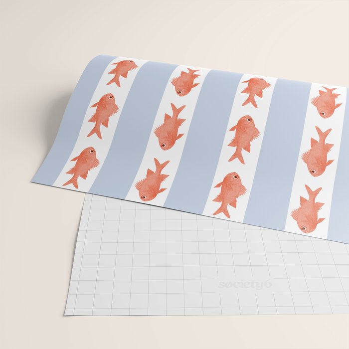 Coastal Fish Stripes Nostalgic Pattern in Light Blue, Orange Red, and White Wrapping Paper Gallery Image 2
