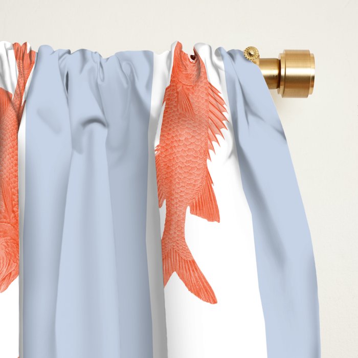 Coastal Fish Stripes Nostalgic Pattern in Light Blue, Orange Red, and White Window Curtain Gallery Image 2