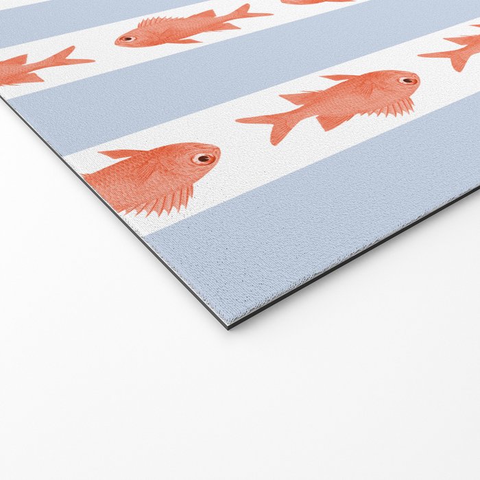 Coastal Fish Stripes Nostalgic Pattern in Light Blue, Orange Red, and White Welcome Mat Gallery Image 2