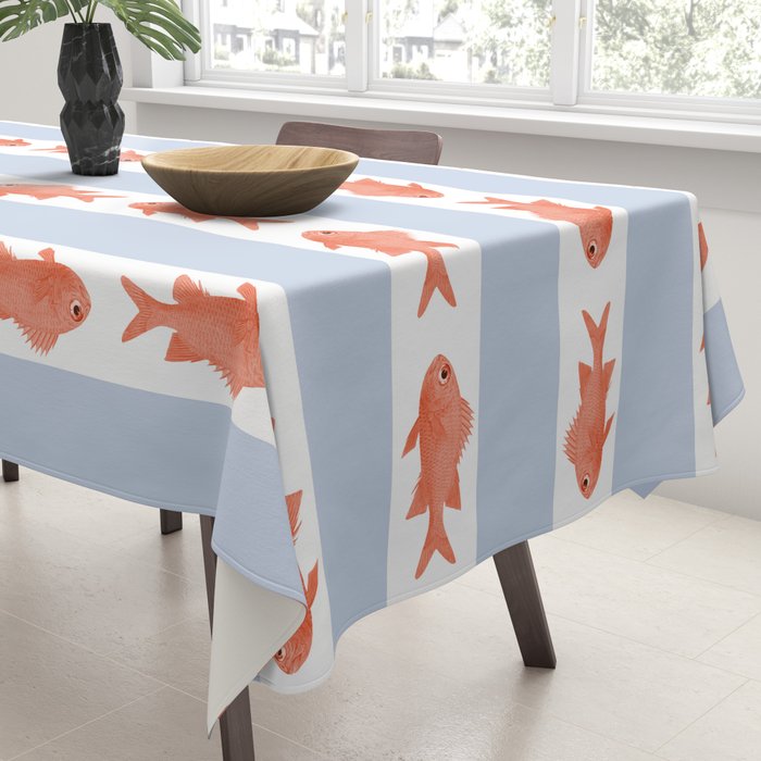 Coastal Fish Stripes Nostalgic Pattern in Light Blue, Orange Red, and White Tablecloth Gallery Image 3