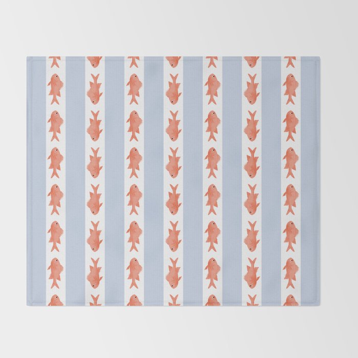 Coastal Fish Stripes Nostalgic Pattern in Light Blue, Orange Red, and White Throw Blanket Gallery Image 2