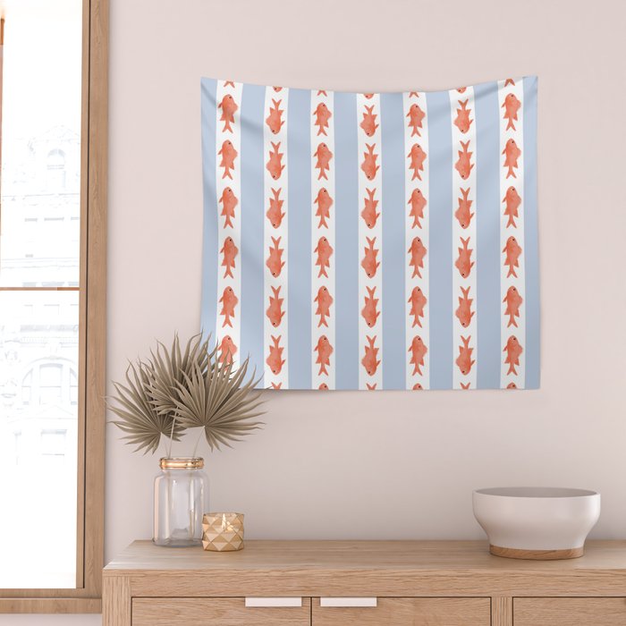 Coastal Fish Stripes Nostalgic Pattern in Light Blue, Orange Red, and White Wall Tapestry Gallery Image 2