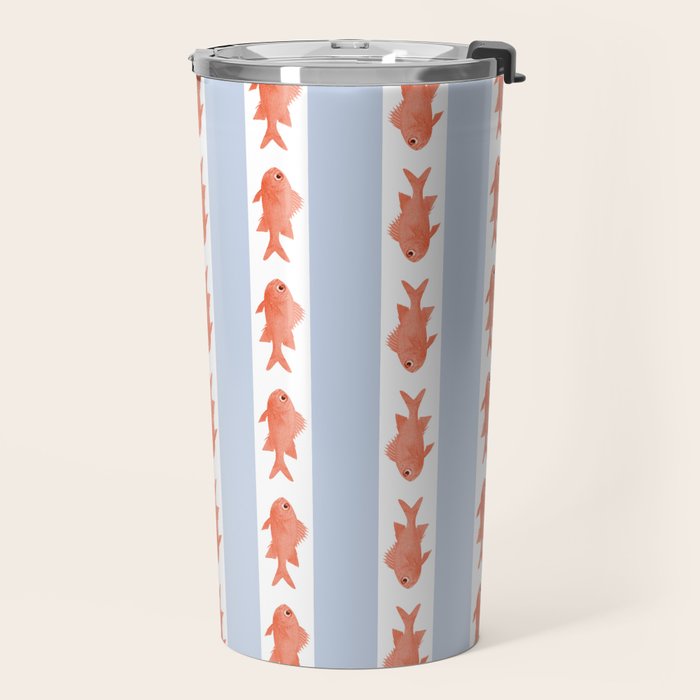 Coastal Fish Stripes Nostalgic Pattern in Light Blue, Orange Red, and White Travel Mug Gallery Image 2