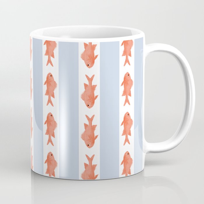 Coastal Fish Stripes Nostalgic Pattern in Light Blue, Orange Red, and White Coffee Mug Gallery Image 1