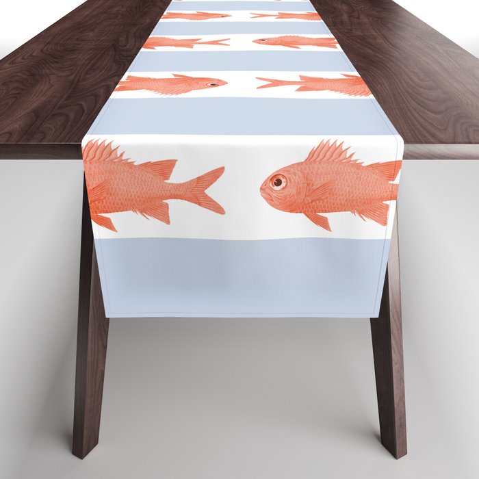 Coastal Fish Stripes Nostalgic Pattern in Light Blue, Orange Red, and White Table Runner Gallery Image 1